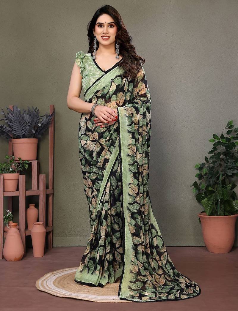Green georgette printed zari work saree with blouse