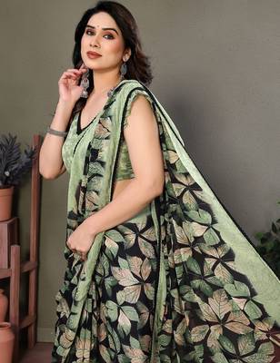 Green georgette printed zari work saree with blouse 2