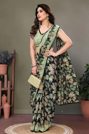 Green georgette printed zari work saree with blouse