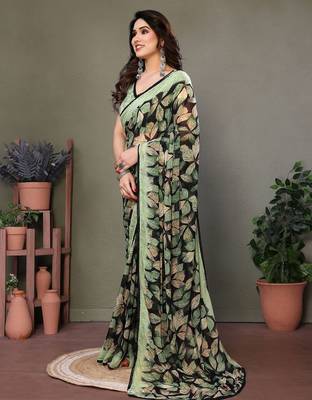 Green georgette printed zari work saree with blouse 4