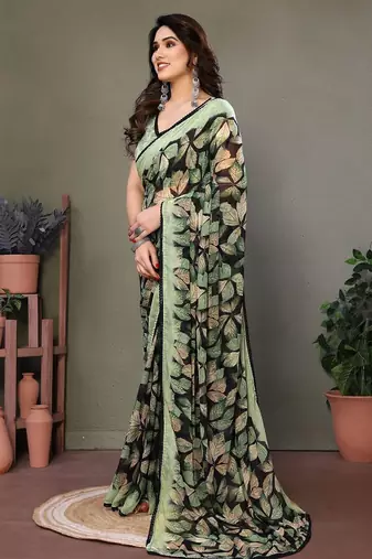 Green georgette printed zari work saree with blouse