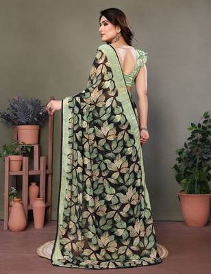 Green georgette printed zari work saree with blouse 5