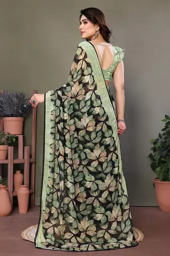 Green georgette printed zari work saree with blouse
