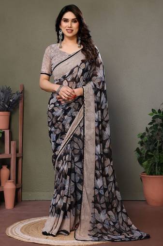 Grey georgette printed zari work saree with blouse