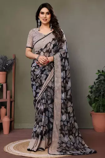 Grey georgette printed zari work saree with blouse