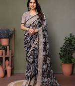 Grey georgette printed zari work saree with blouse