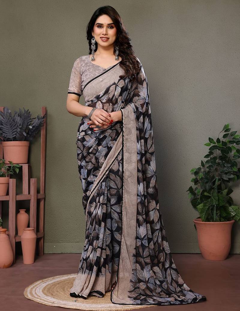 Grey georgette printed zari work saree with blouse
