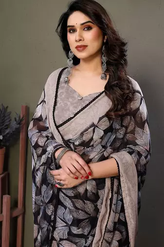 Grey georgette printed zari work saree with blouse