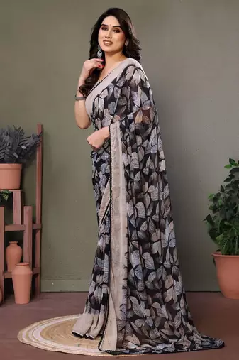 Grey georgette printed zari work saree with blouse