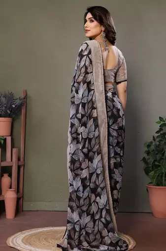 Grey georgette printed zari work saree with blouse