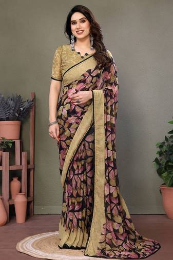 Pink georgette printed zari work saree with blouse