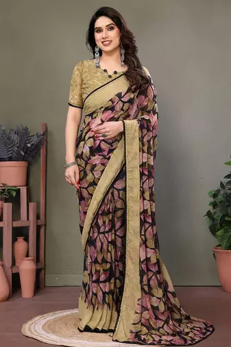 Pink georgette printed zari work saree with blouse