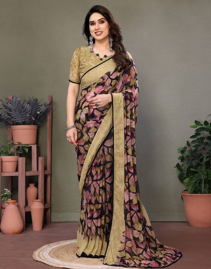Pink georgette printed zari work saree with blouse