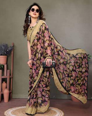 Pink georgette printed zari work saree with blouse 2