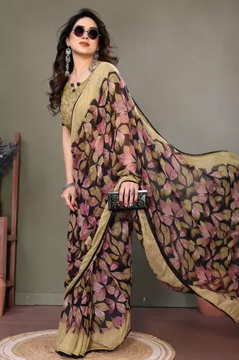Pink georgette printed zari work saree with blouse