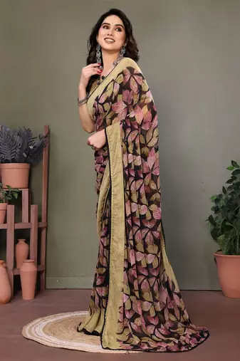 Pink georgette printed zari work saree with blouse