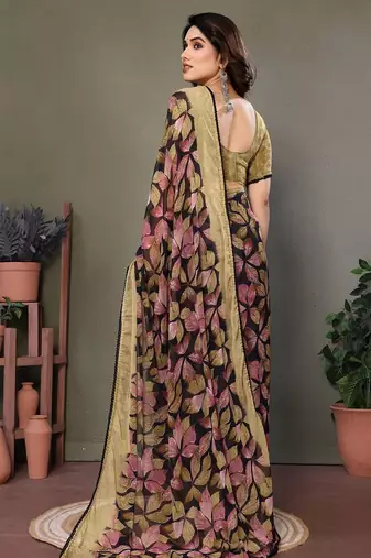 Pink georgette printed zari work saree with blouse