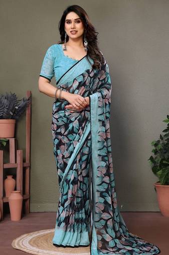 Dark blue georgette printed zari work saree with blouse