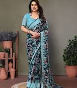 Dark blue georgette printed zari work saree with blouse
