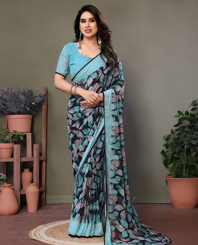 Dark blue georgette printed zari work saree with blouse