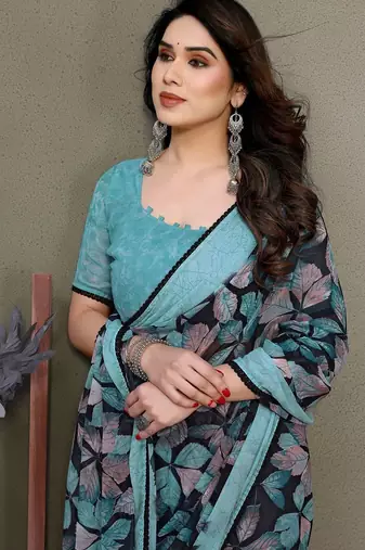 Dark blue georgette printed zari work saree with blouse