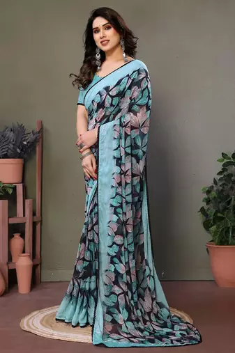 Dark blue georgette printed zari work saree with blouse