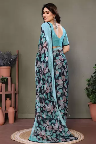 Dark blue georgette printed zari work saree with blouse