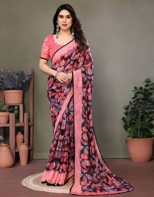 Red georgette printed zari work saree with blouse 1