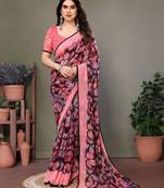 Red georgette printed zari work saree with blouse