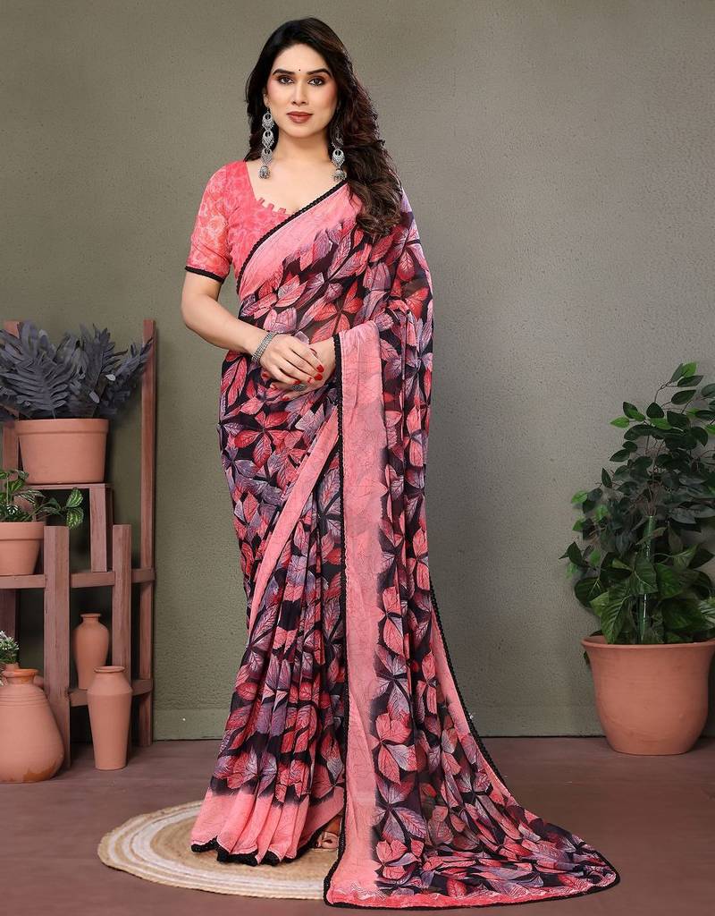 Red georgette printed zari work saree with blouse