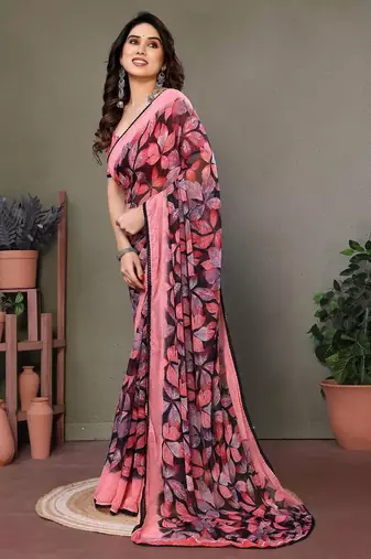 Red georgette printed zari work saree with blouse