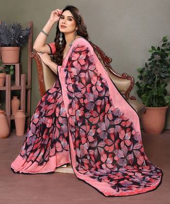Red georgette printed zari work saree with blouse 3