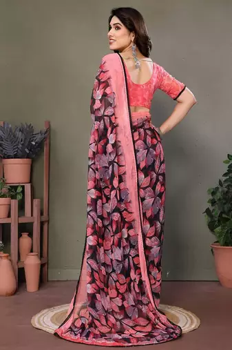 Red georgette printed zari work saree with blouse