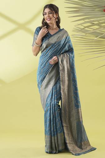 Light blue pure silk woven zari work saree with blouse