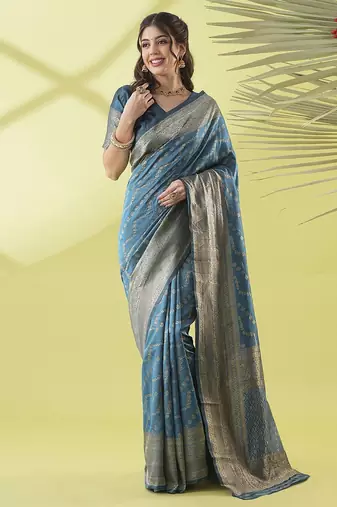 Light blue pure silk woven zari work saree with blouse
