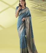 Light blue pure silk woven zari work saree with blouse