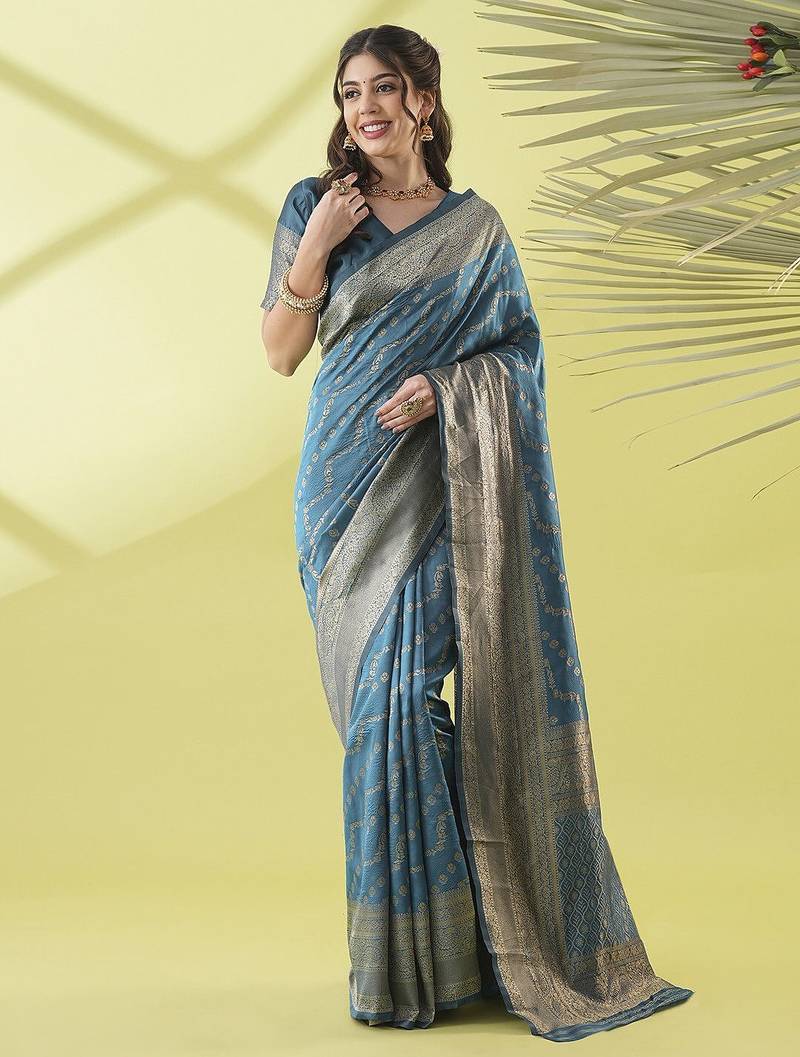 Light blue pure silk woven zari work saree with blouse
