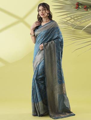 Light blue pure silk woven zari work saree with blouse 3