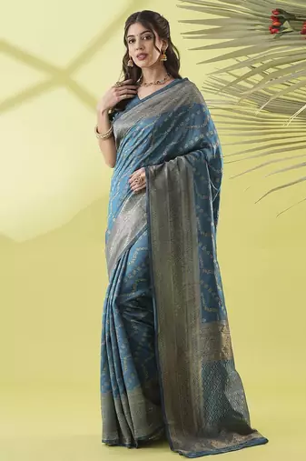 Light blue pure silk woven zari work saree with blouse