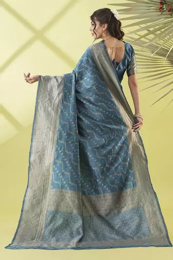 Light blue pure silk woven zari work saree with blouse