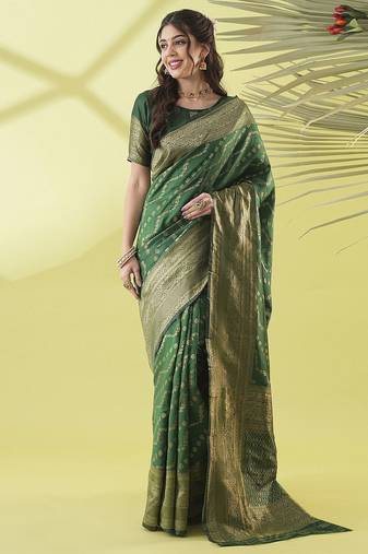 Green pure silk woven zari work saree with blouse