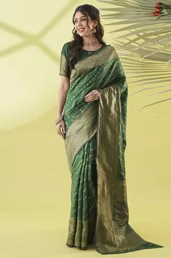 Green pure silk woven zari work saree with blouse