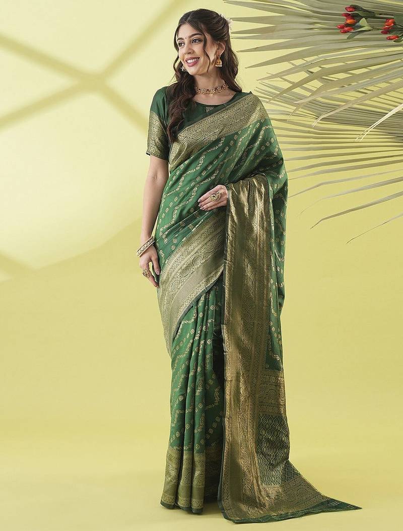 Green pure silk woven zari work saree with blouse