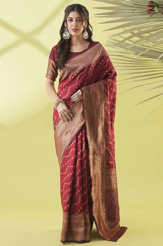 Maroon pure silk woven zari work saree with blouse