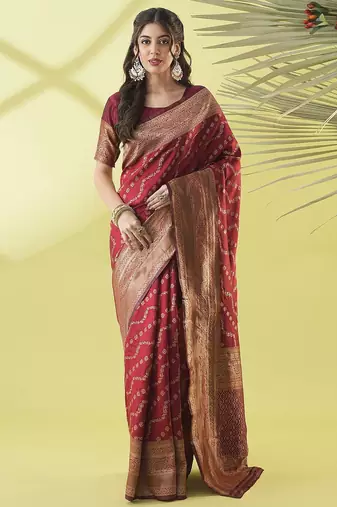 Maroon pure silk woven zari work saree with blouse