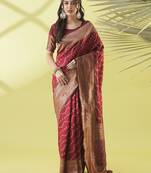 Maroon pure silk woven zari work saree with blouse