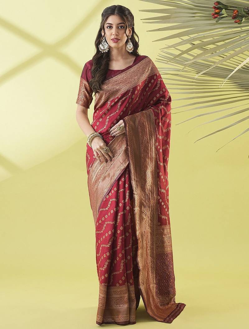 Maroon pure silk woven zari work saree with blouse