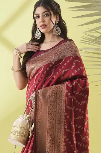 Maroon pure silk woven zari work saree with blouse