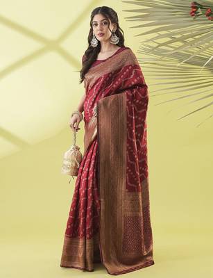 Maroon pure silk woven zari work saree with blouse 3