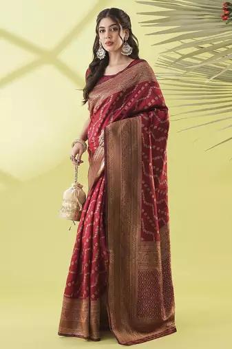 Maroon pure silk woven zari work saree with blouse